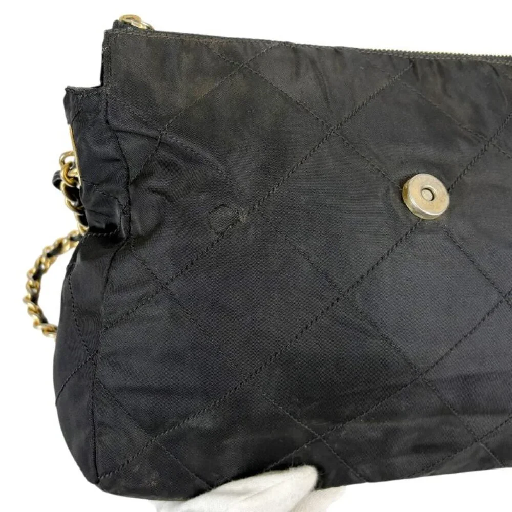 Prada Quilted Chain Shoulder Bag Triangle Logo Black Tessuto Nylon - Picture 5 of 10